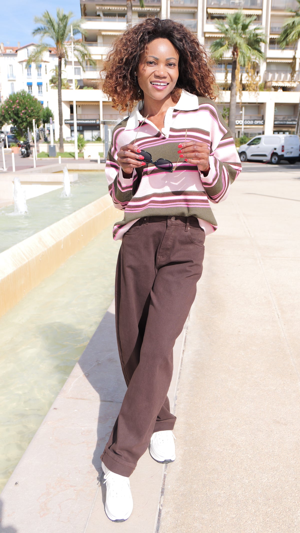 Khaki & Pink Striped Polo Sweater – Casual Chic 💕