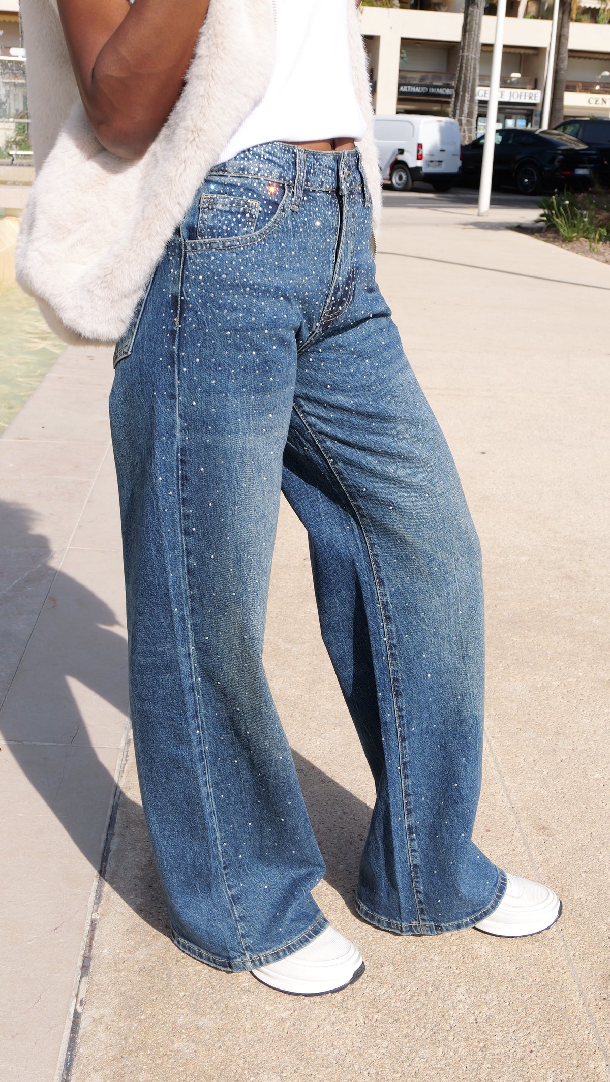 Rhinestone wide-leg jeans – Denim blue
