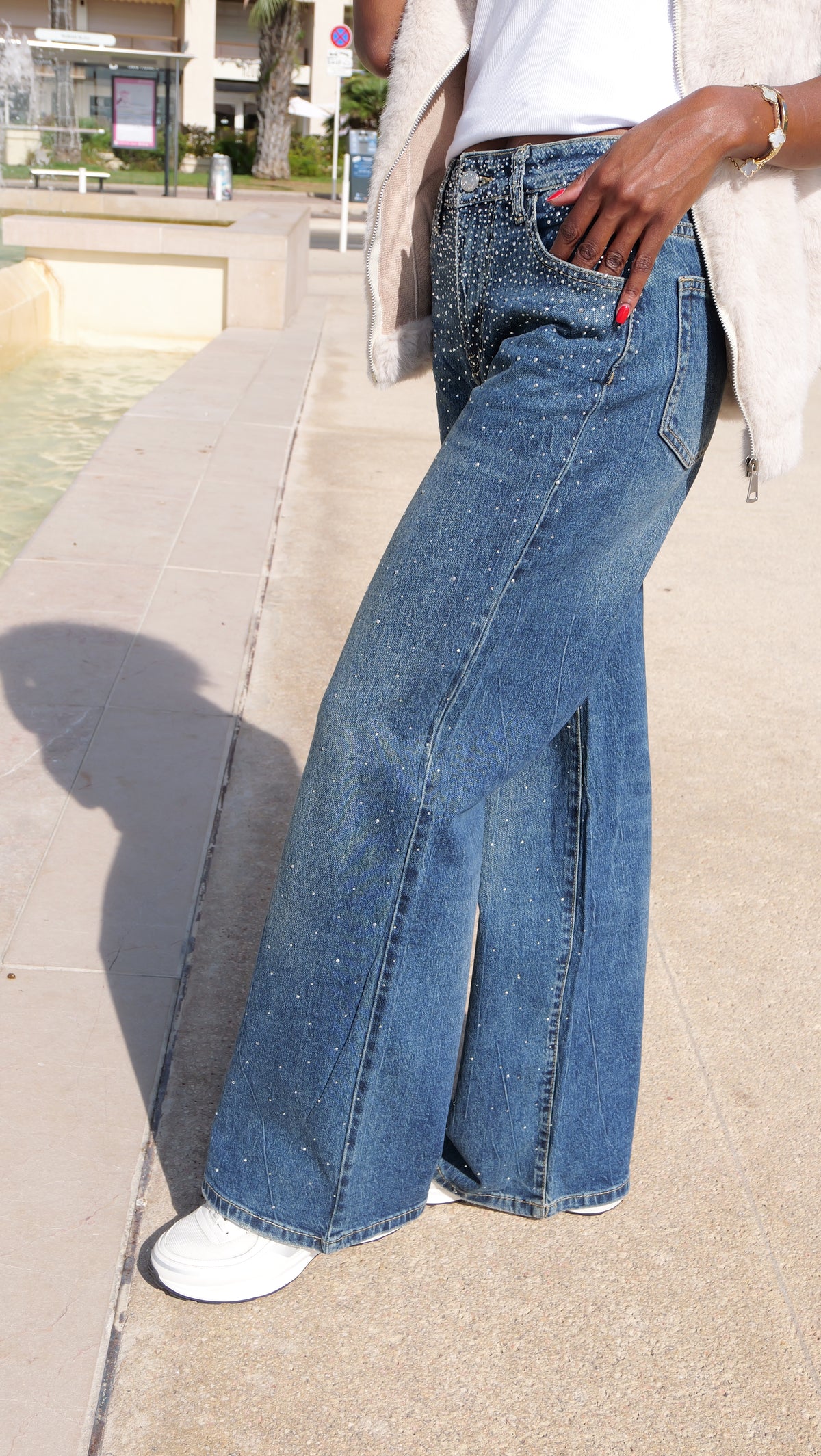 Rhinestone wide-leg jeans – Denim blue