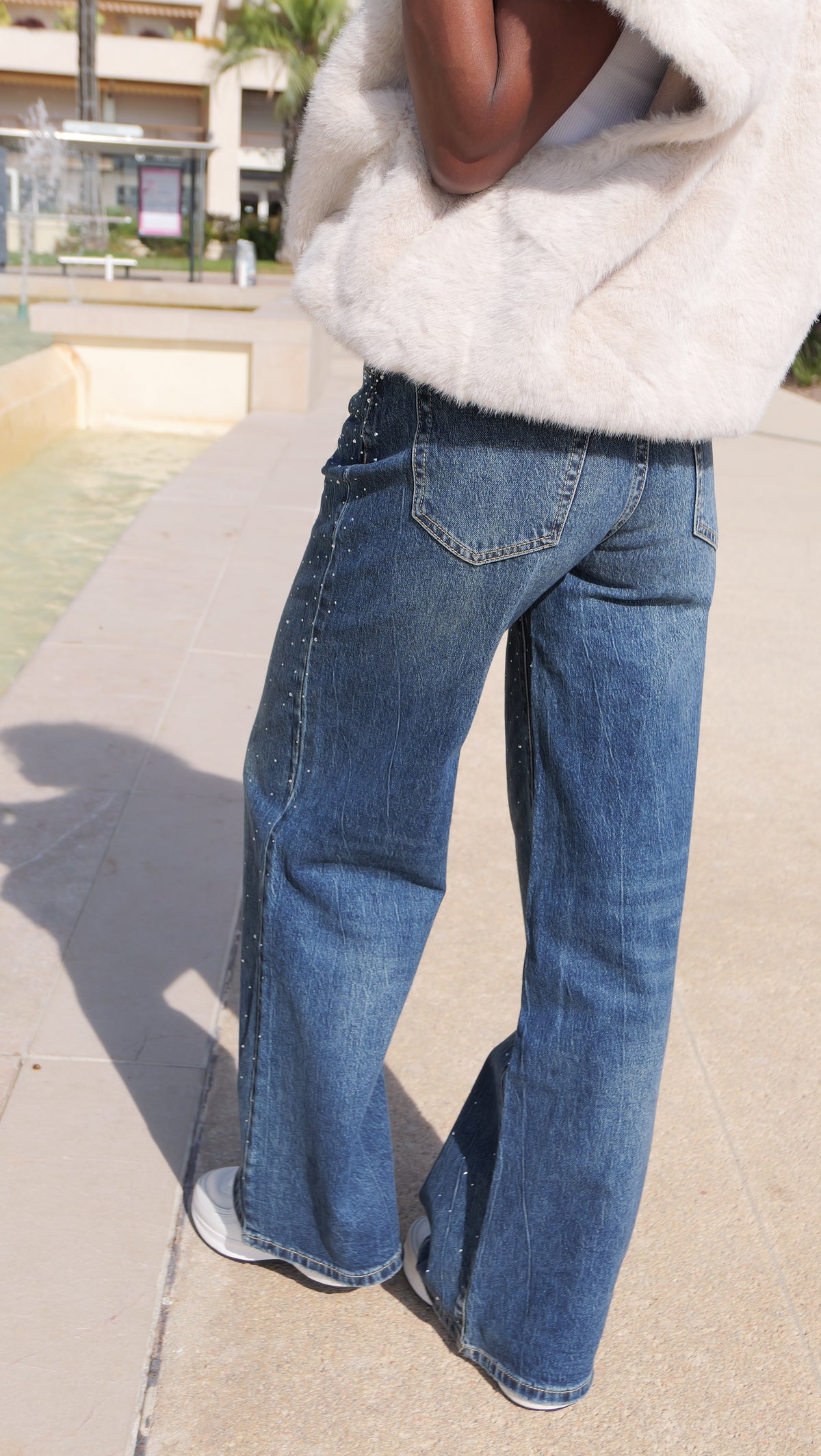 Rhinestone wide-leg jeans – Denim blue