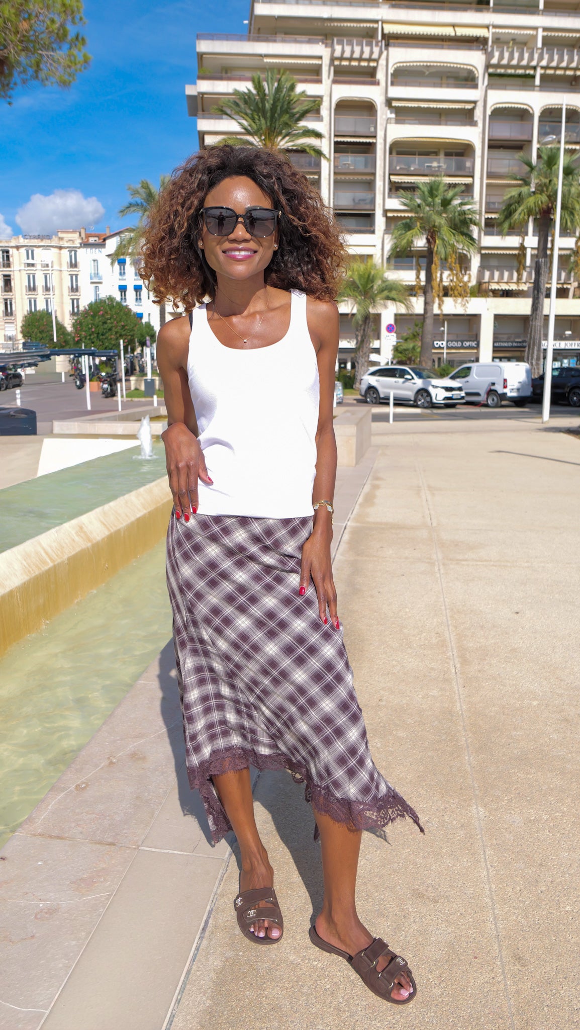 Long plaid and lace skirt