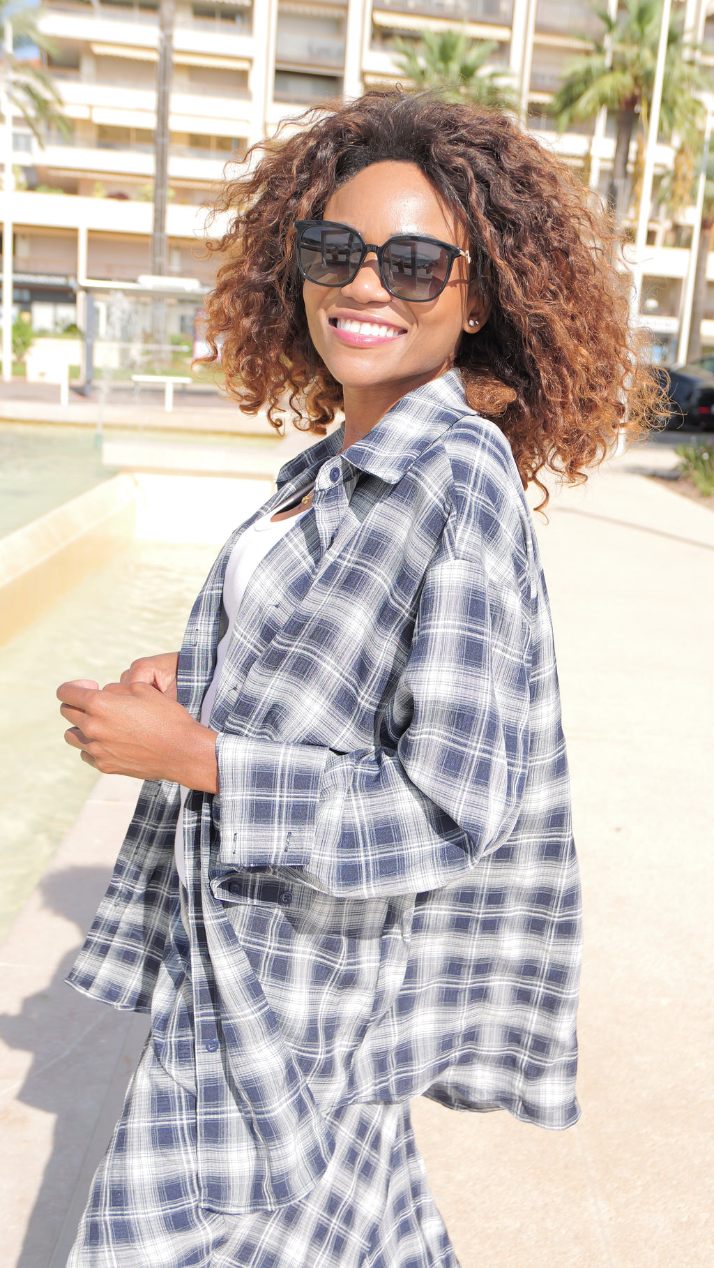 Oversized blue and white plaid shirt
