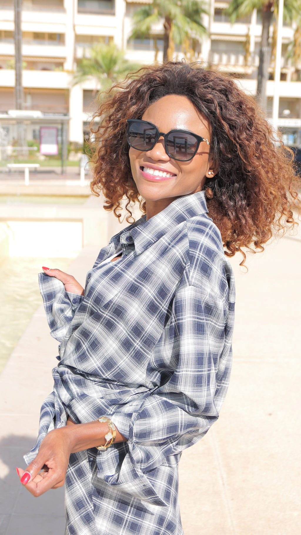 Oversized blue and white plaid shirt