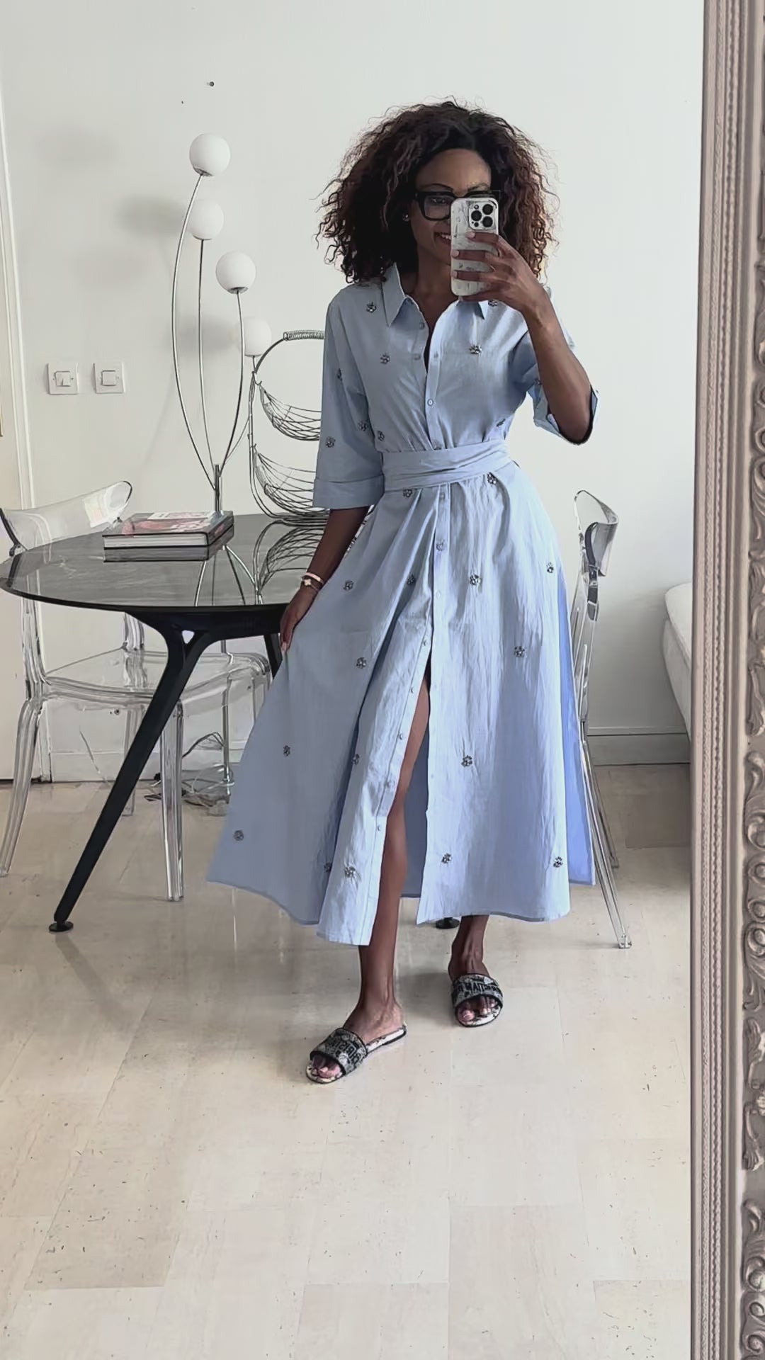 Sky blue long shirt dress