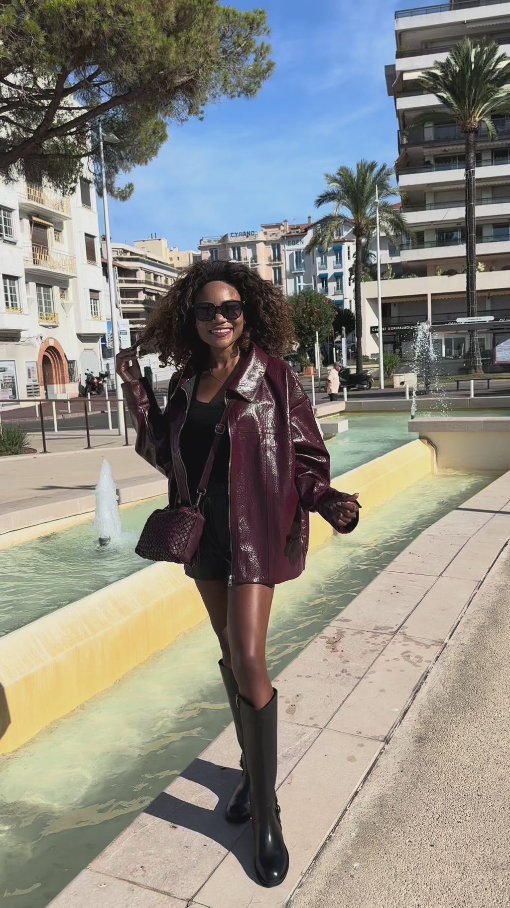 Burgundy patent-effect jacket