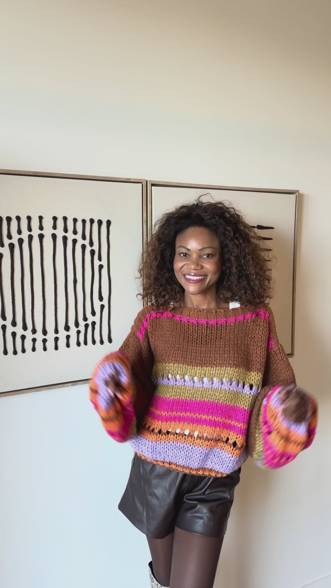 Pull Oversize en Maille Multicolore Rose & Camel