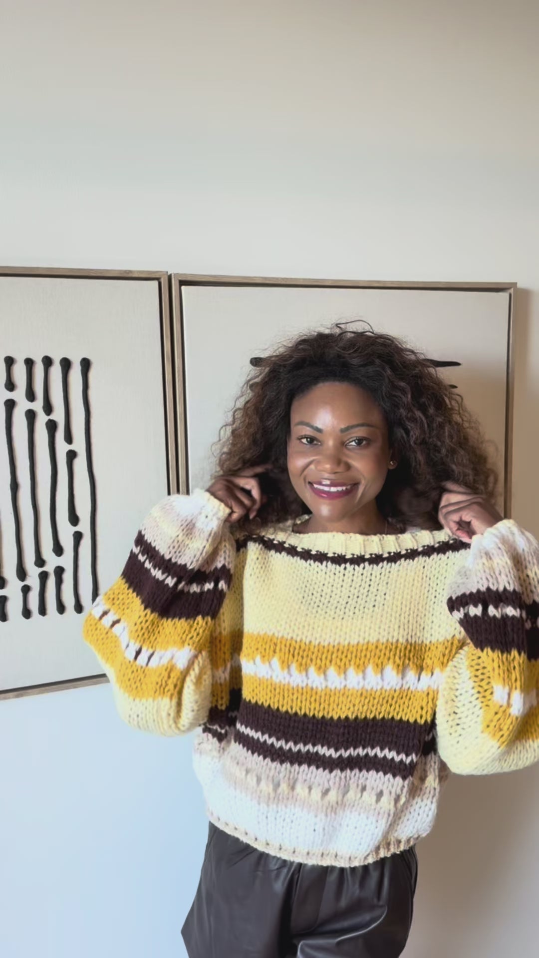 Oversized Knit Pullover in Yellow, Chocolate & Mustard